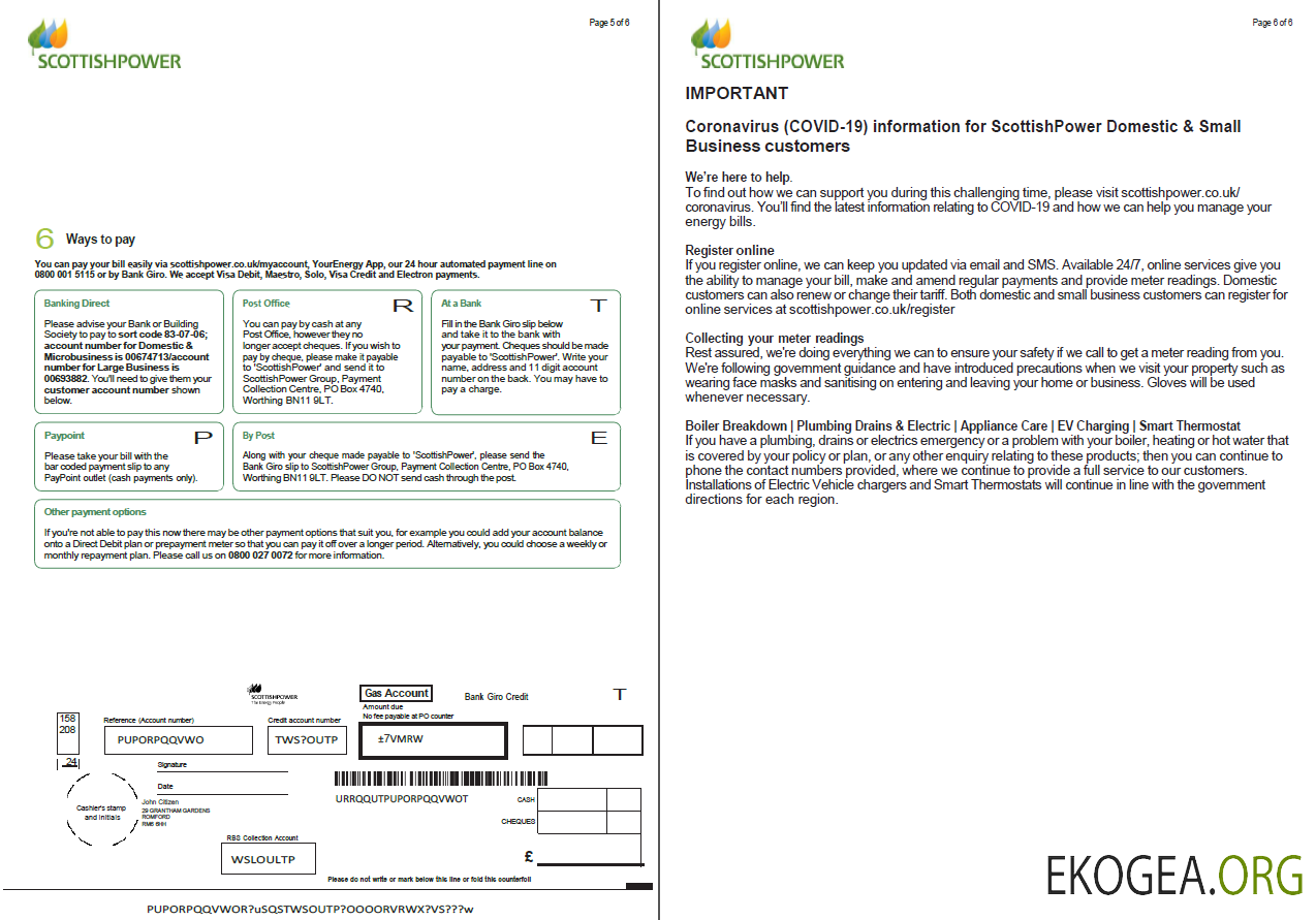 Scotland Scottish Power utility bill template in Word and PDF formats, 6 pages, 5 6 pages